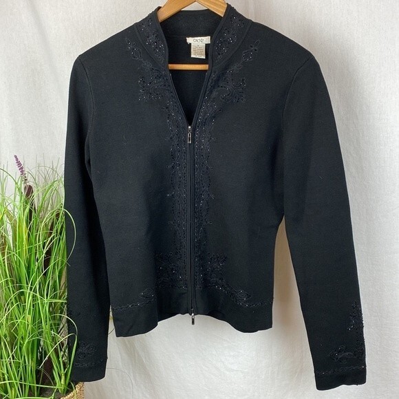Cache Silk Blend Black Ribbed Embellished Knit Zip Up Cardigan Sweater M - Picture 1 of 7